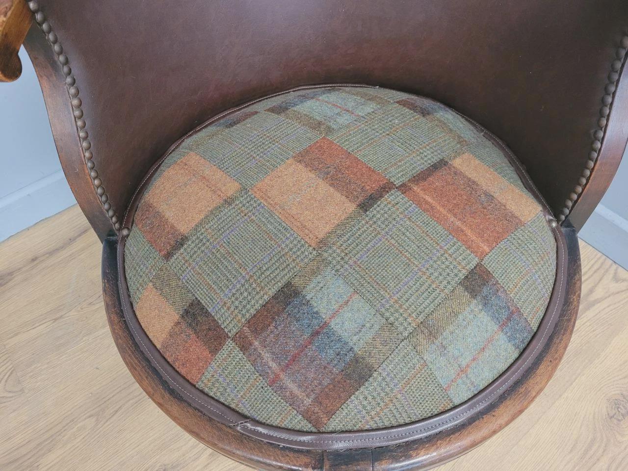 Victorian Mahogany Horseshoe Armchair Faux Leather Wool Seat Antique