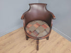 Victorian Mahogany Horseshoe Armchair Faux Leather Wool Seat Antique