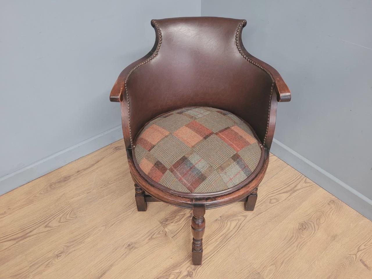 Victorian Mahogany Horseshoe Armchair Faux Leather Wool Seat Antique