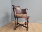 Victorian Mahogany Horseshoe Armchair Faux Leather Wool Seat Antique