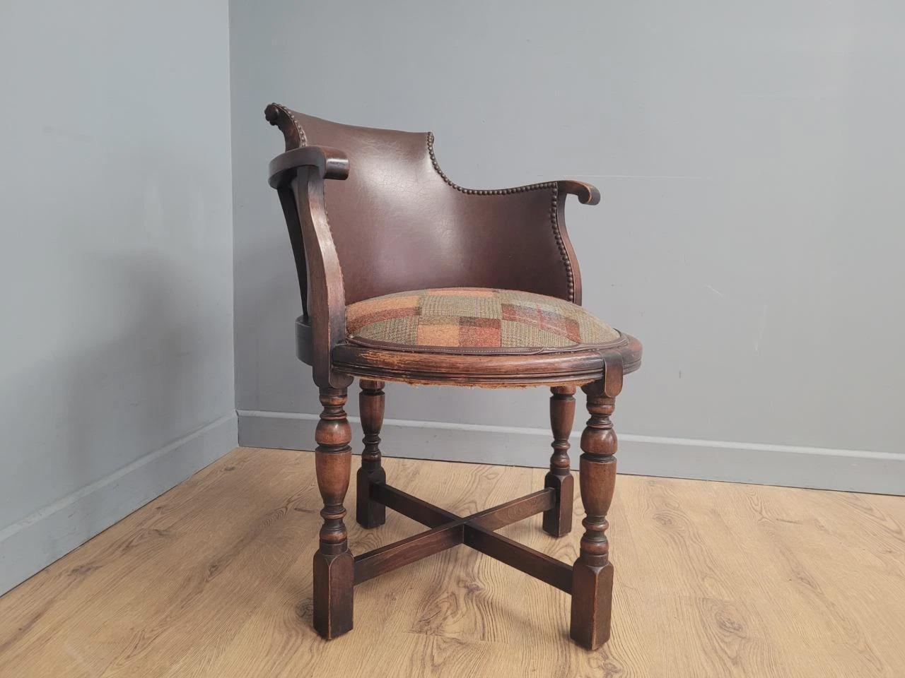 Victorian Mahogany Horseshoe Armchair Faux Leather Wool Seat Antique
