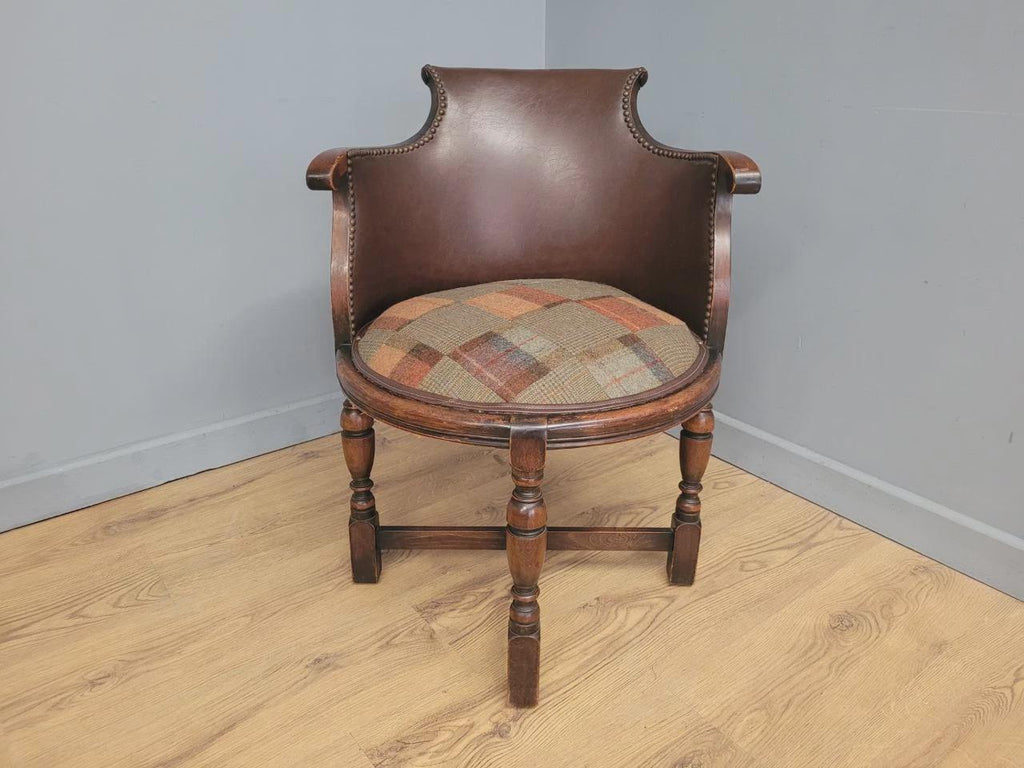 Victorian Mahogany Horseshoe Armchair Faux Leather Wool Seat Antique