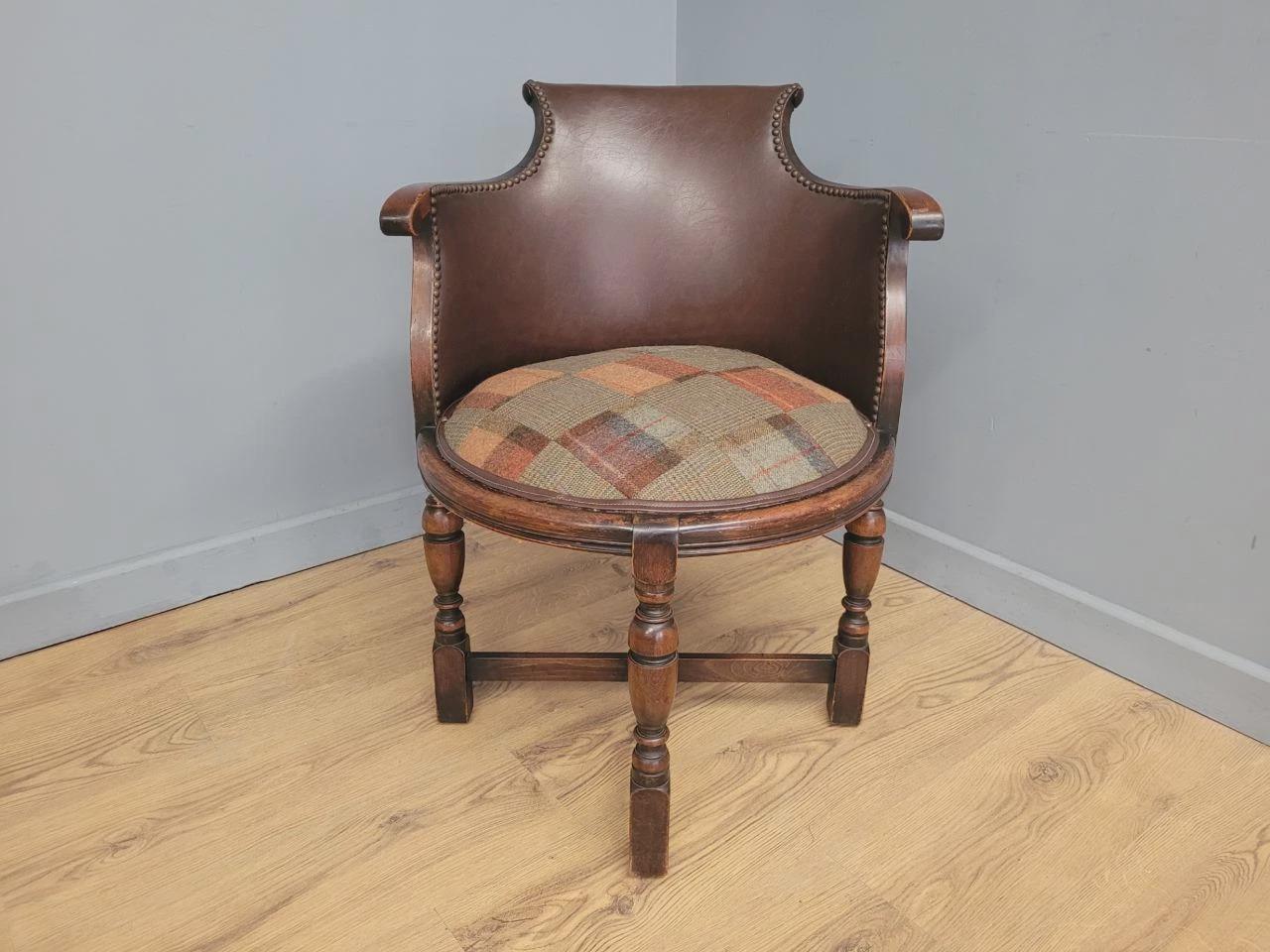 Victorian Mahogany Horseshoe Armchair Faux Leather Wool Seat Antique