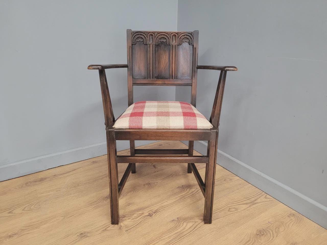 Ercol Colonial Armchair Carved Back New Wool Seat