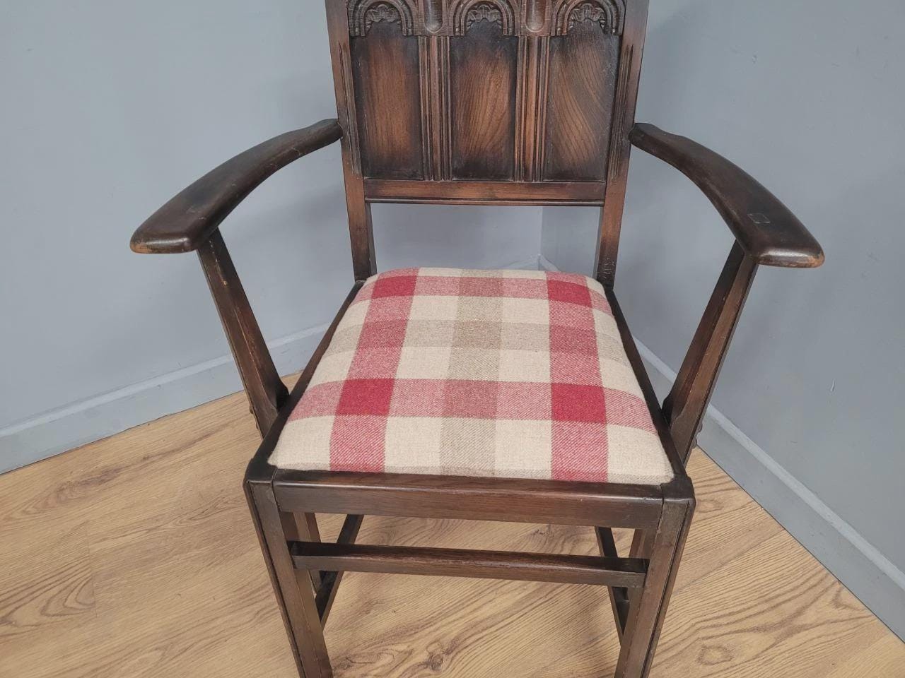 Ercol Colonial Armchair Carved Back New Wool Seat