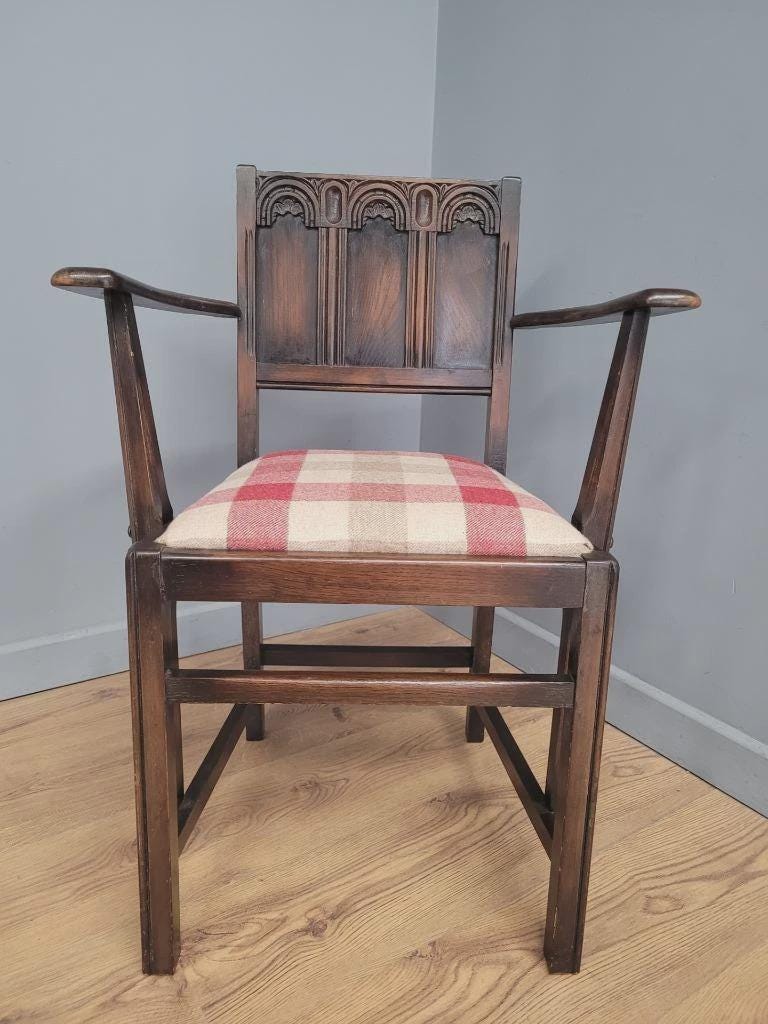Ercol Colonial Armchair Carved Back New Wool Seat