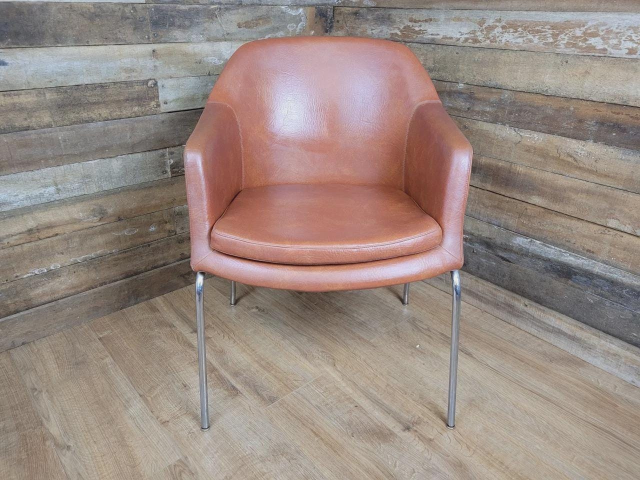 Mid Century Style Faux Leather Tub Chair Chrome Legs Lounge Armchair