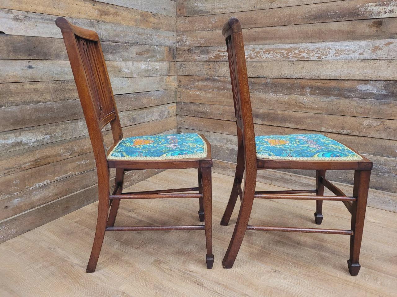 Pair Edwardian Mahogany Inlaid Dining Chairs Slat Back Upholstered Seats