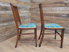 Pair Edwardian Mahogany Inlaid Dining Chairs Slat Back Upholstered Seats