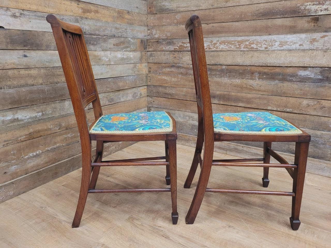 Pair Edwardian Mahogany Inlaid Dining Chairs Slat Back Upholstered Seats