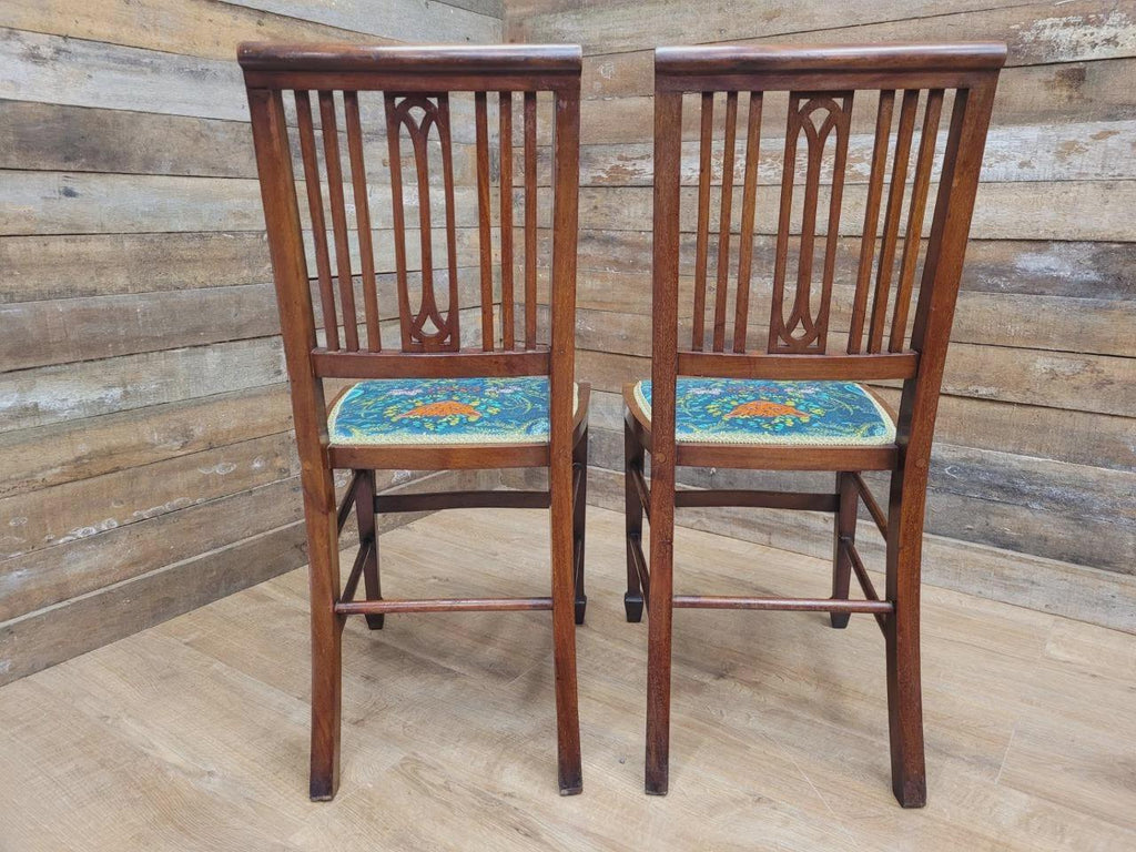 Pair Edwardian Mahogany Inlaid Dining Chairs Slat Back Upholstered Seats