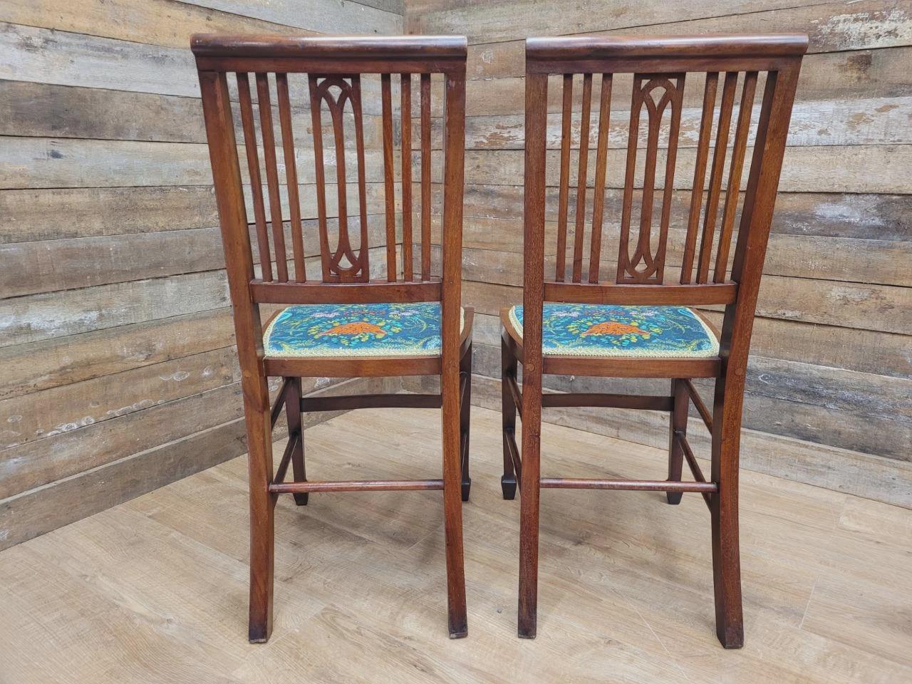 Pair Edwardian Mahogany Inlaid Dining Chairs Slat Back Upholstered Seats