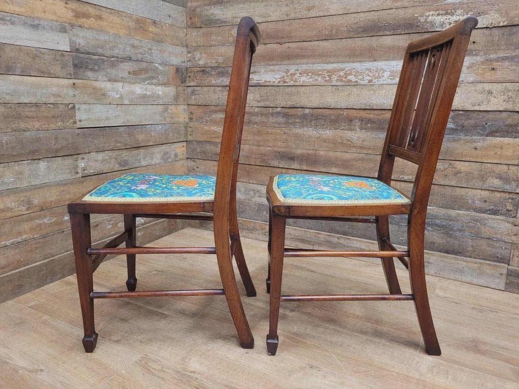 Pair Edwardian Mahogany Inlaid Dining Chairs Slat Back Upholstered Seats