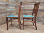 Pair Edwardian Mahogany Inlaid Dining Chairs Slat Back Upholstered Seats