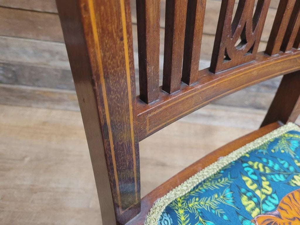 Pair Edwardian Mahogany Inlaid Dining Chairs Slat Back Upholstered Seats