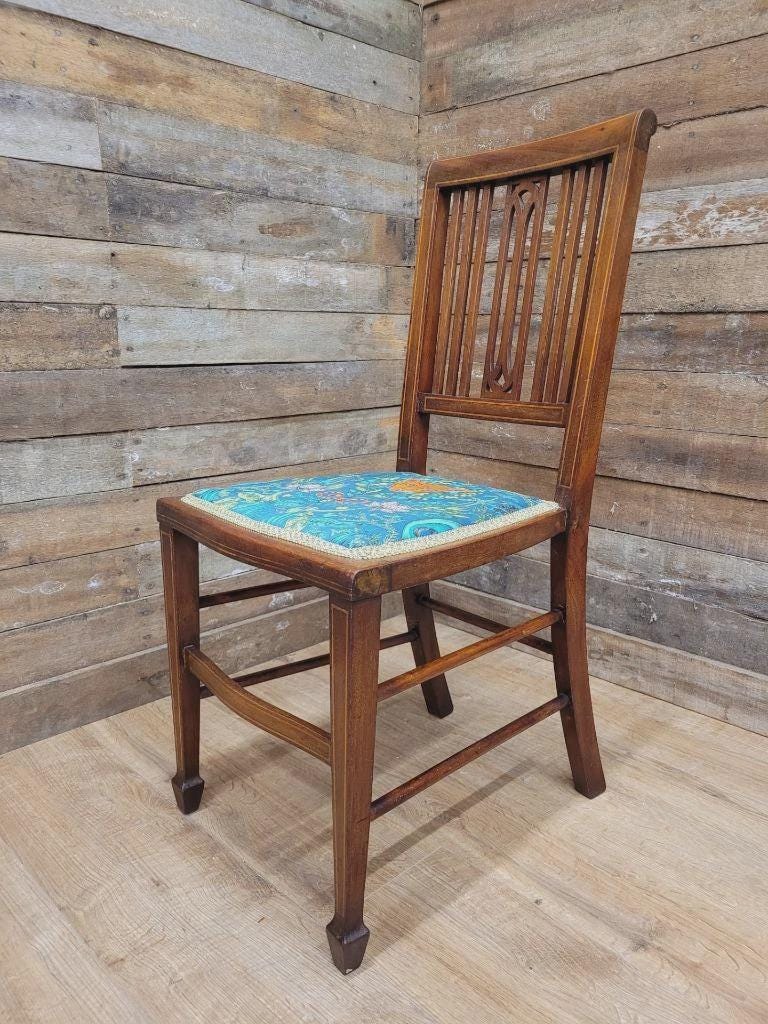 Pair Edwardian Mahogany Inlaid Dining Chairs Slat Back Upholstered Seats