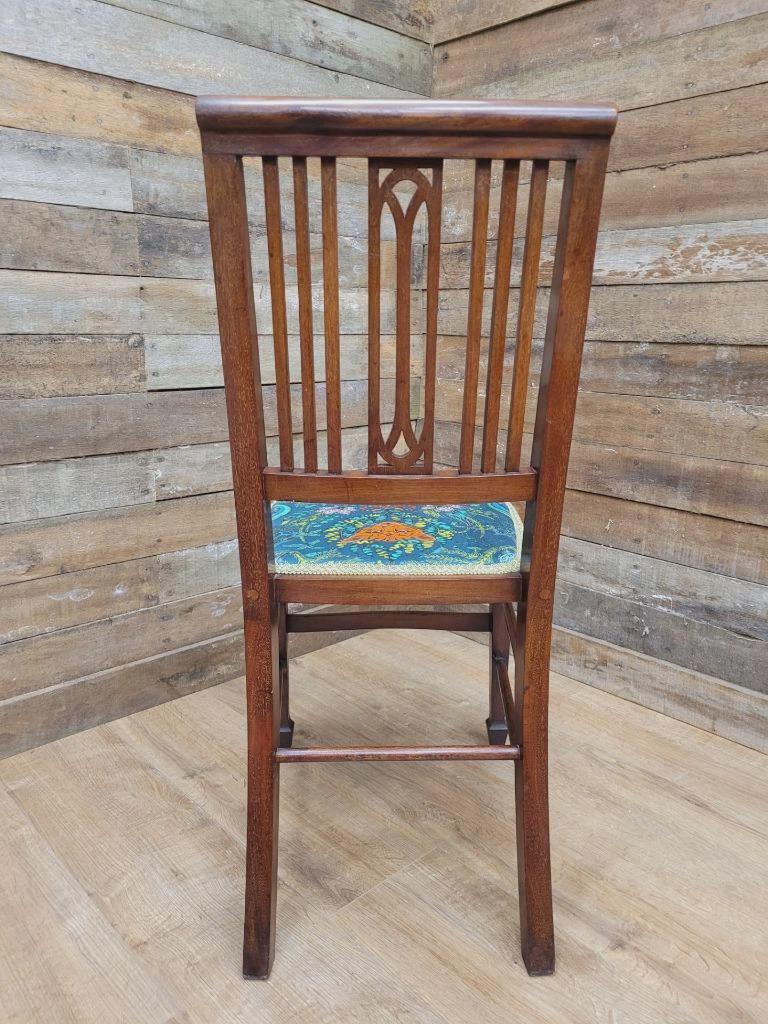 Pair Edwardian Mahogany Inlaid Dining Chairs Slat Back Upholstered Seats