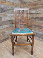 Pair Edwardian Mahogany Inlaid Dining Chairs Slat Back Upholstered Seats
