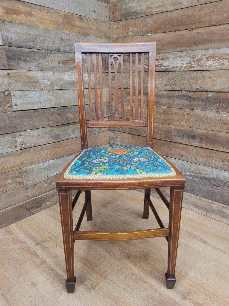 Pair Edwardian Mahogany Inlaid Dining Chairs Slat Back Upholstered Seats