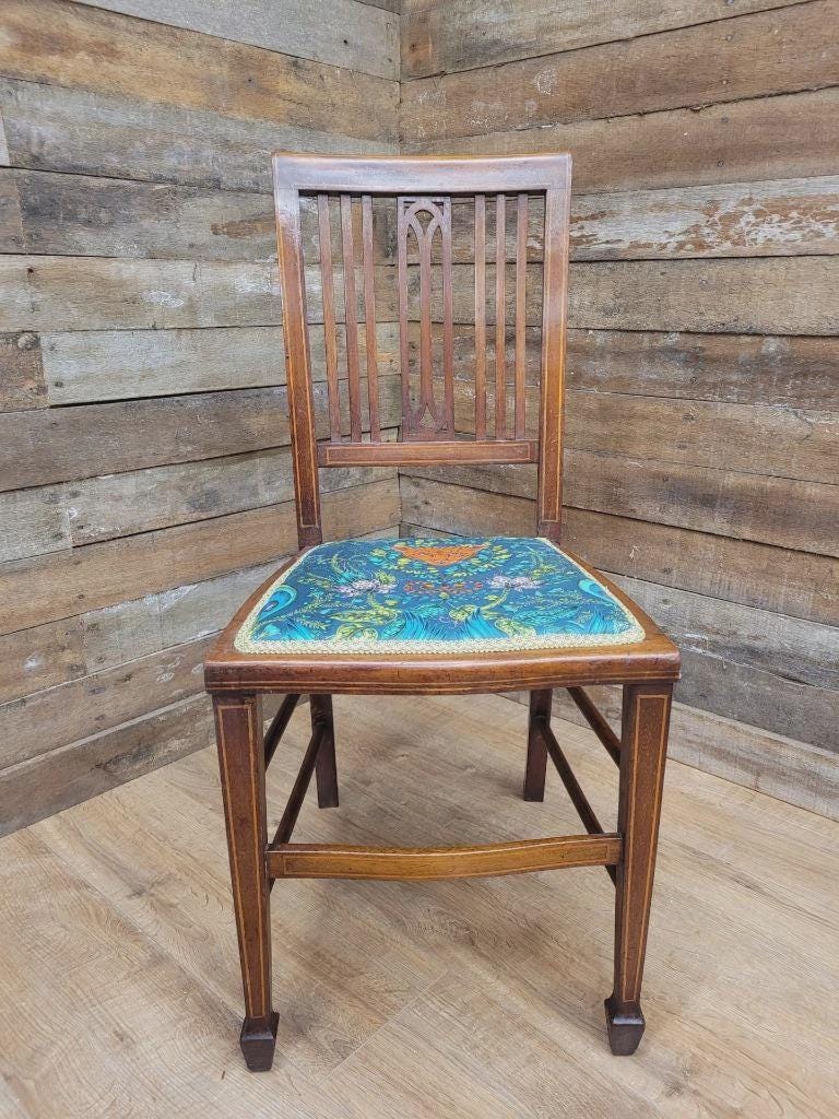 Pair Edwardian Mahogany Inlaid Dining Chairs Slat Back Upholstered Seats