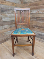 Pair Edwardian Mahogany Inlaid Dining Chairs Slat Back Upholstered Seats