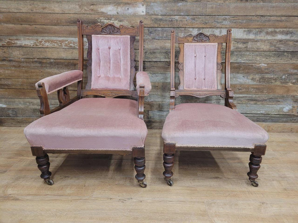 Pair Victorian Walnut Slipper Chairs Carved Frames Turned Legs Castors
