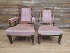 Pair Victorian Walnut Slipper Chairs Carved Frames Turned Legs Castors