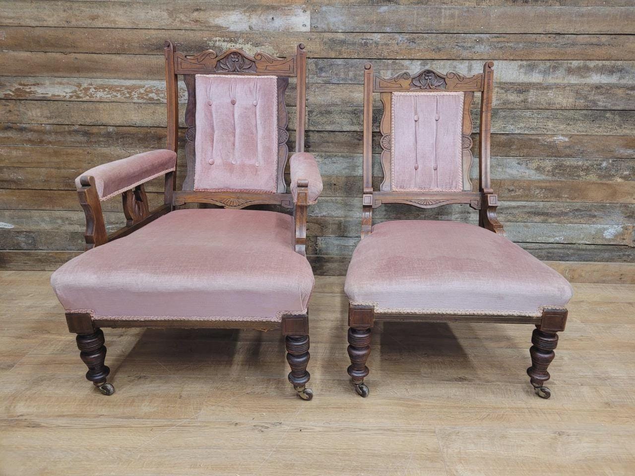 Pair Victorian Walnut Slipper Chairs Carved Frames Turned Legs Castors