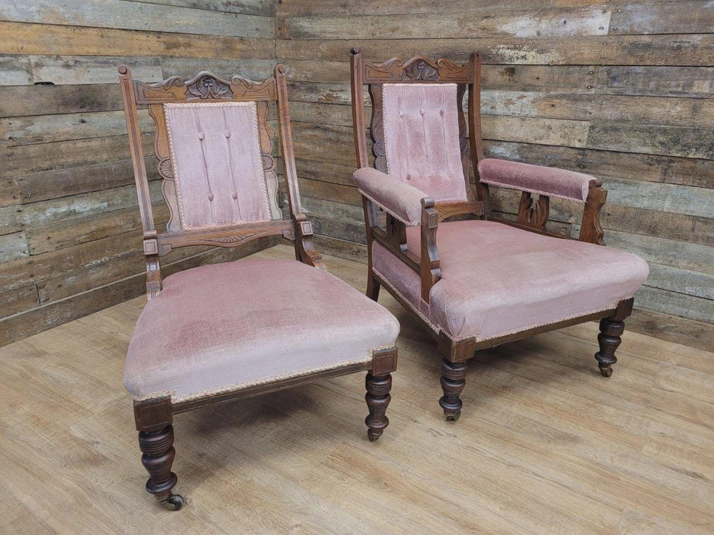Pair Victorian Walnut Slipper Chairs Carved Frames Turned Legs Castors