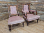 Pair Victorian Walnut Slipper Chairs Carved Frames Turned Legs Castors