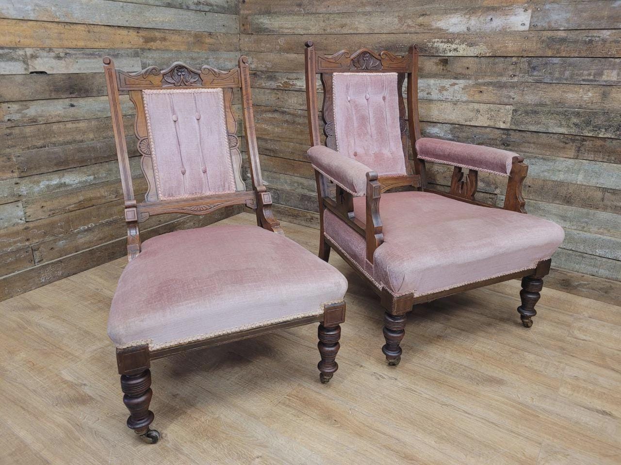 Pair Victorian Walnut Slipper Chairs Carved Frames Turned Legs Castors