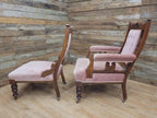 Pair Victorian Walnut Slipper Chairs Carved Frames Turned Legs Castors