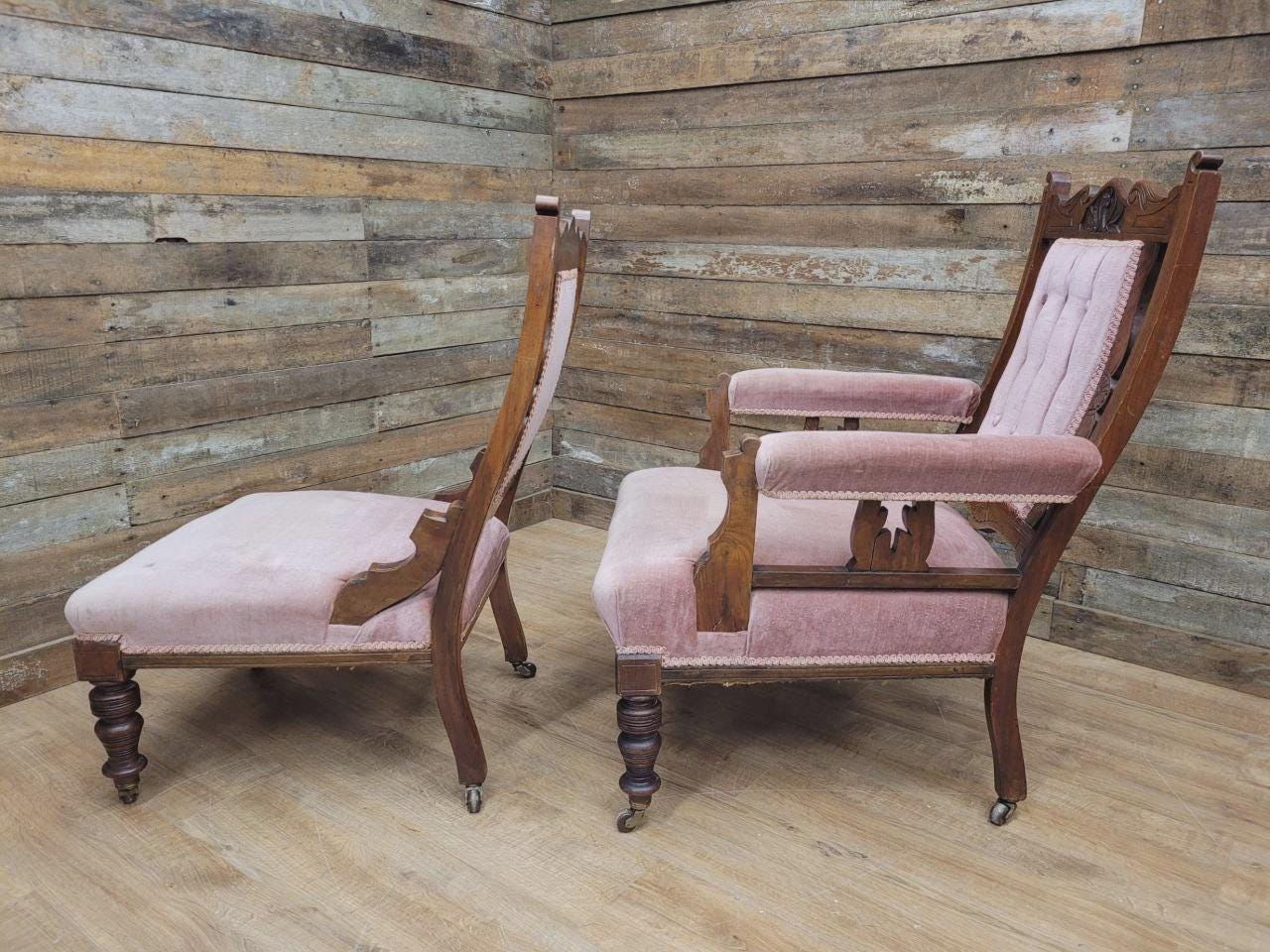 Pair Victorian Walnut Slipper Chairs Carved Frames Turned Legs Castors