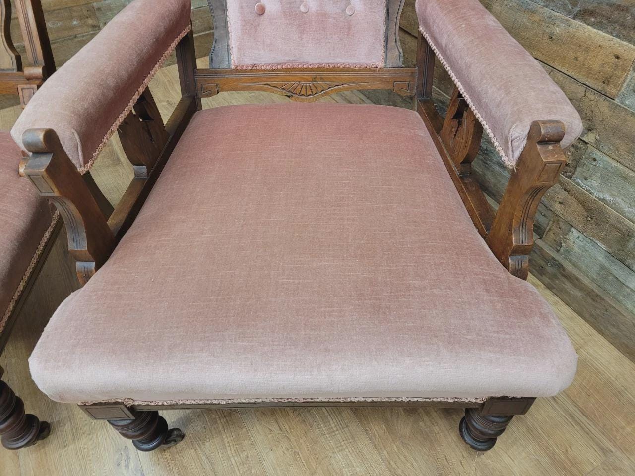 Pair Victorian Walnut Slipper Chairs Carved Frames Turned Legs Castors