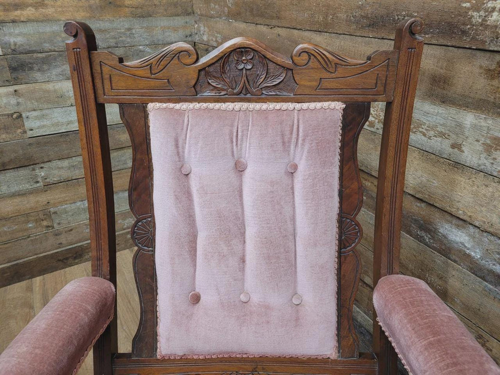 Pair Victorian Walnut Slipper Chairs Carved Frames Turned Legs Castors