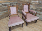 Pair Victorian Walnut Slipper Chairs Carved Frames Turned Legs Castors