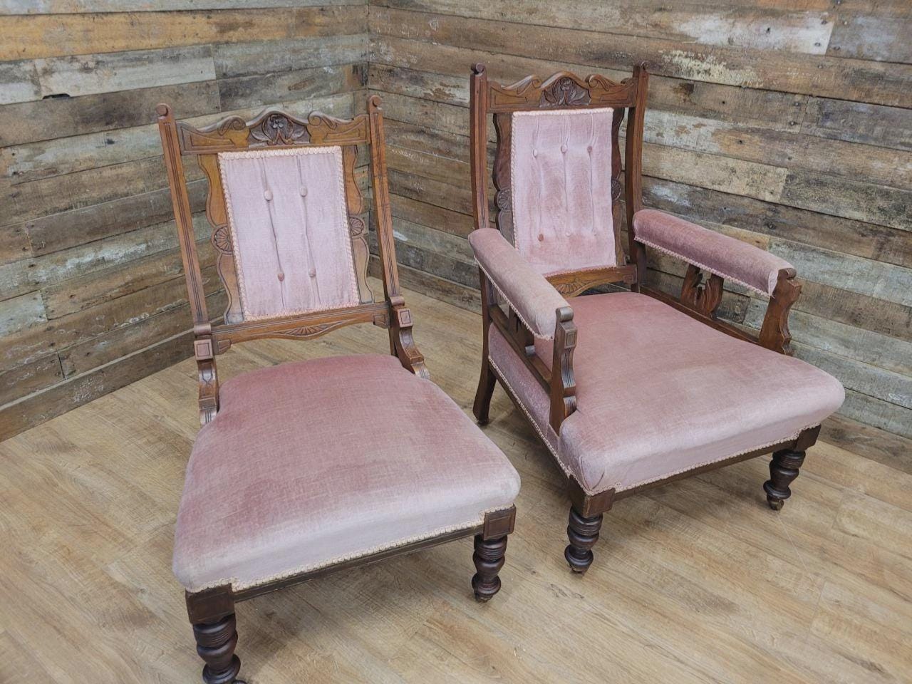 Pair Victorian Walnut Slipper Chairs Carved Frames Turned Legs Castors