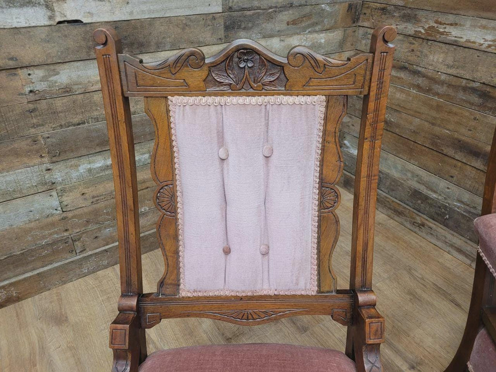 Pair Victorian Walnut Slipper Chairs Carved Frames Turned Legs Castors