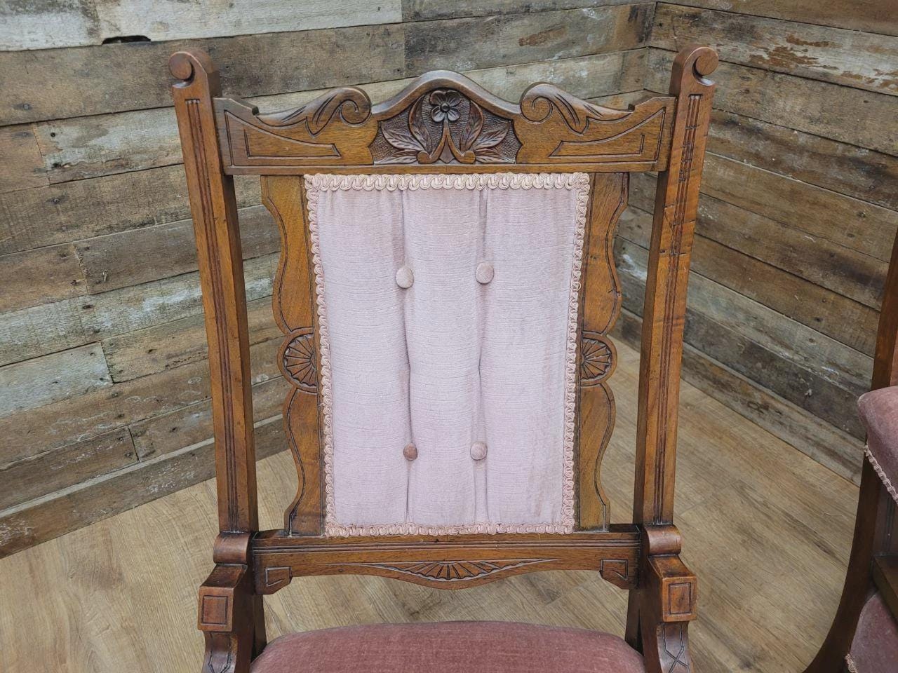 Pair Victorian Walnut Slipper Chairs Carved Frames Turned Legs Castors
