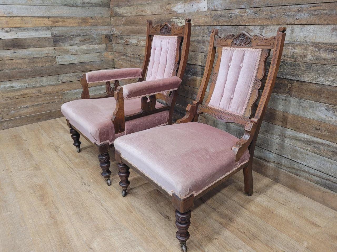 Pair Victorian Walnut Slipper Chairs Carved Frames Turned Legs Castors