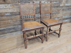 Pair Victorian Oak Dining Chairs Cane Back Leather Seats Carved