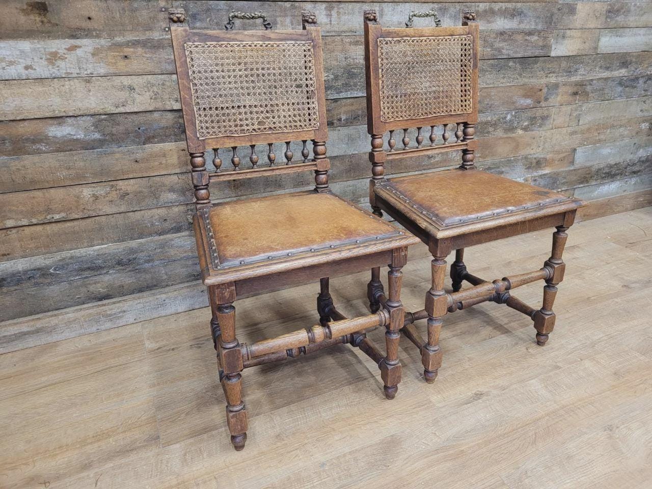 Pair Victorian Oak Dining Chairs Cane Back Leather Seats Carved