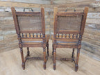 Pair Victorian Oak Dining Chairs Cane Back Leather Seats Carved