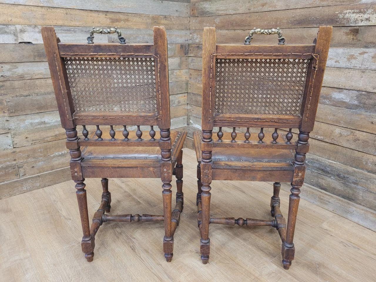 Pair Victorian Oak Dining Chairs Cane Back Leather Seats Carved