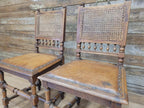 Pair Victorian Oak Dining Chairs Cane Back Leather Seats Carved