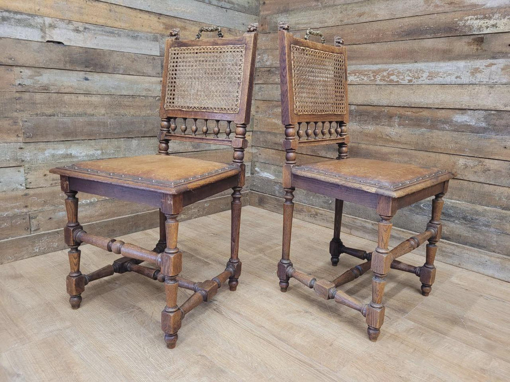 Pair Victorian Oak Dining Chairs Cane Back Leather Seats Carved