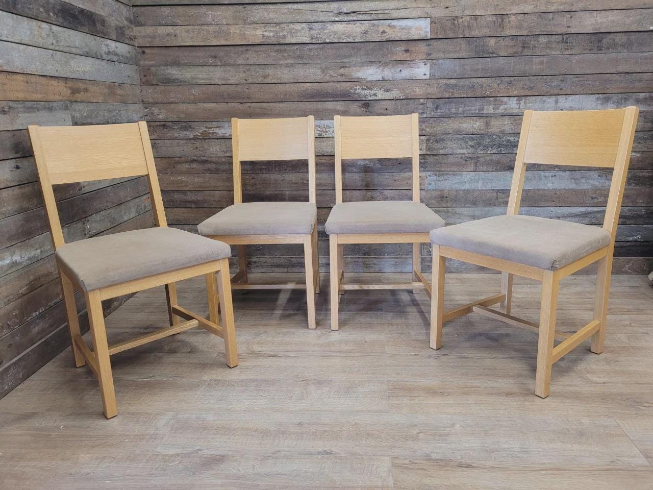 Set Four Blonde Oak Dining Chairs Modern Light Oak Upholstered Seats
