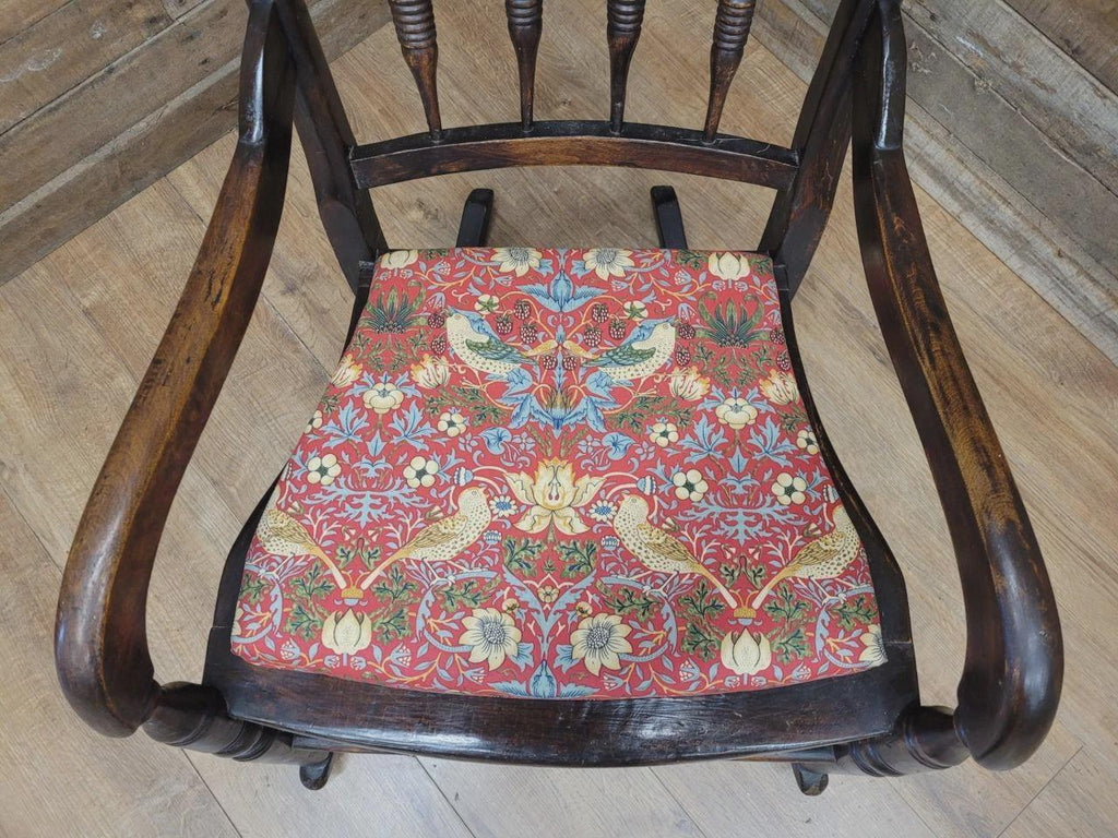 Victorian Oak Spindle Back Rocking Armchair William Morris Upholstered Seat