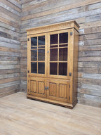 Jacobean Style Oak Bookcase Cabinet Glazed Doors Carved Panels Full Of Old Charm