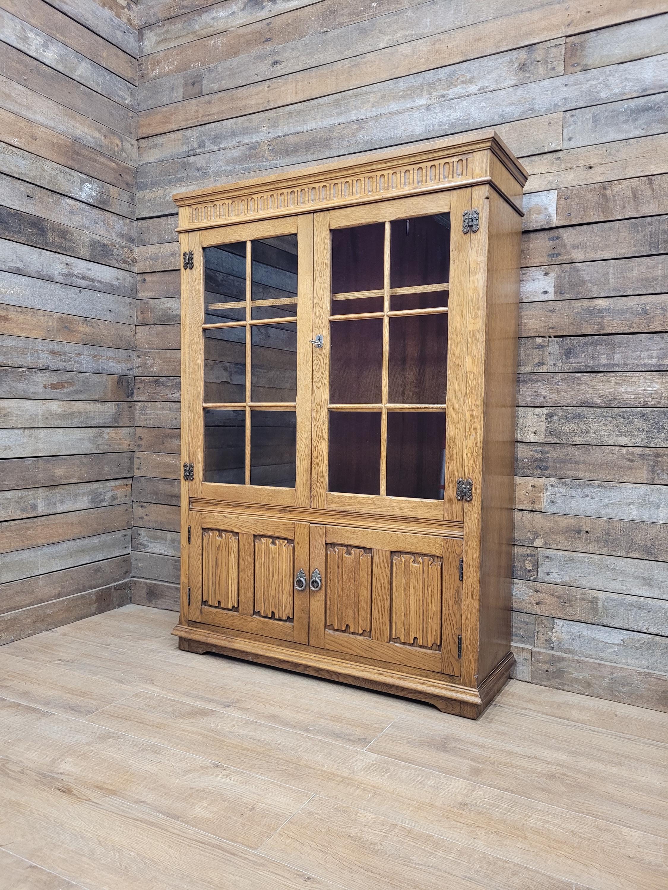 Jacobean Style Oak Bookcase Cabinet Glazed Doors Carved Panels Full Of Old Charm